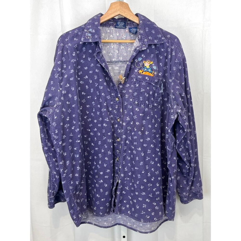 VTG DISNEY Pooh Corduroy Button Shirt Embroidered Tigger Floral Cotton Purple XL